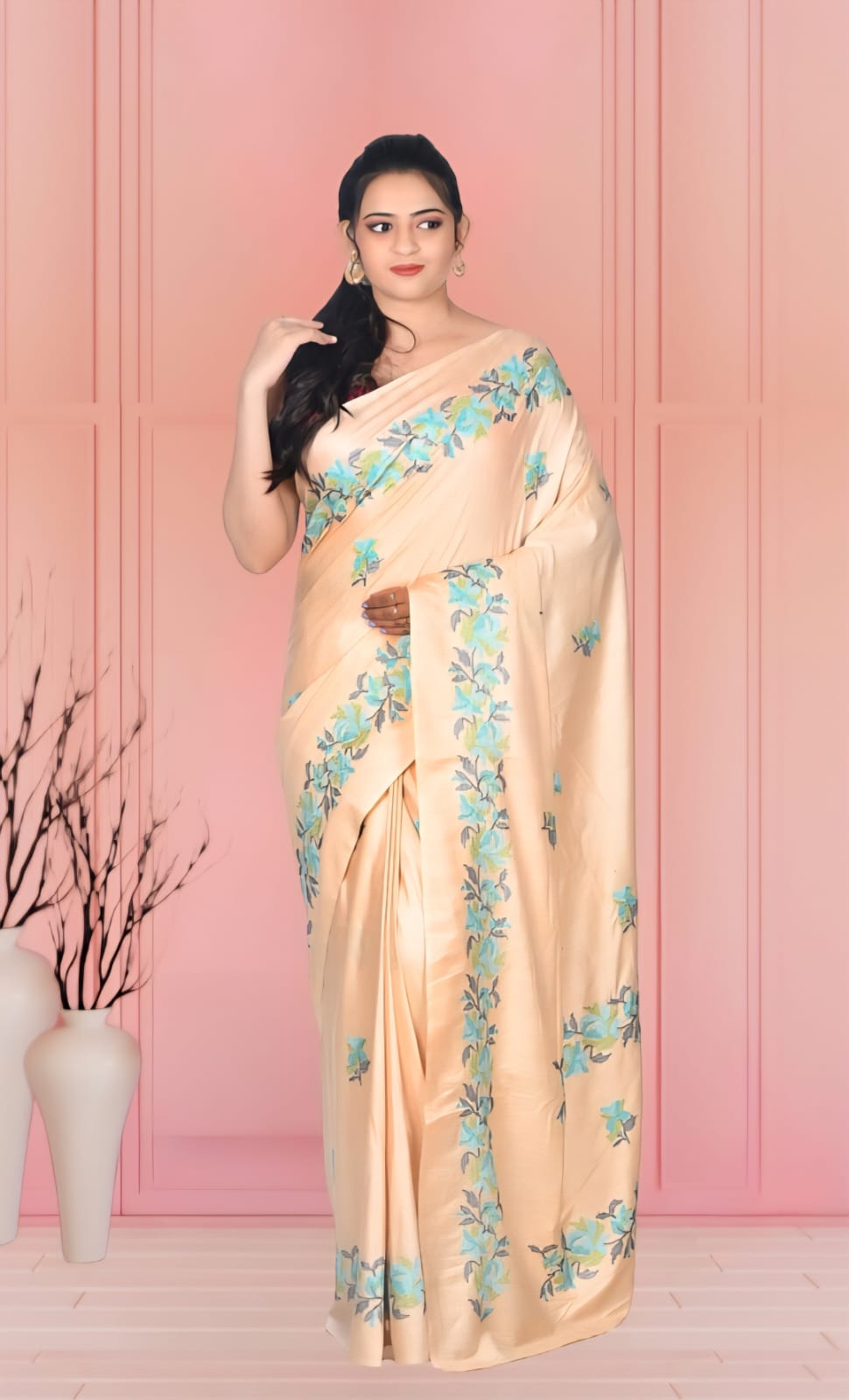 Beige Colour Staple Tussar Silk Saree with Embroidery Work