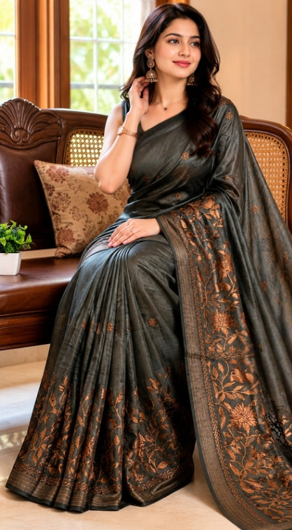 Black Katan Silk with Embroidery Work in the Border and Anchal, Small Embroidered motifs in the body