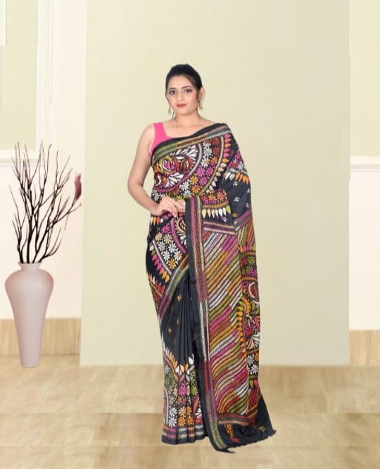 Hand Kantha Embroidery Work on Black Colour Mulberry Katan Silk with Multicolour Design