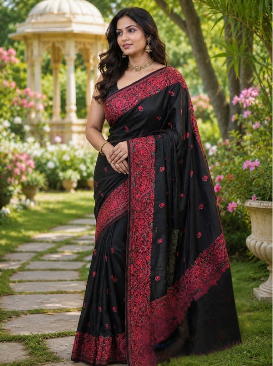 Black Tussar Silk Saree with Red Embroidery Work in the Border and Body