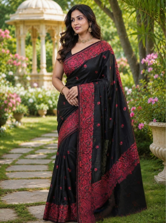 Black Tussar Silk Saree with Red Embroidery Work in the Border and Body