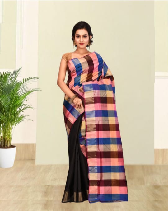 Hand Block Printed Multicolour Checks and Black Pleates Mulberry Silk Katan