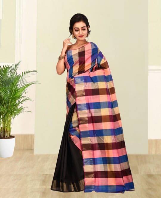 Hand Block Printed Multicolour Checks and Black Pleates Mulberry Silk Katan