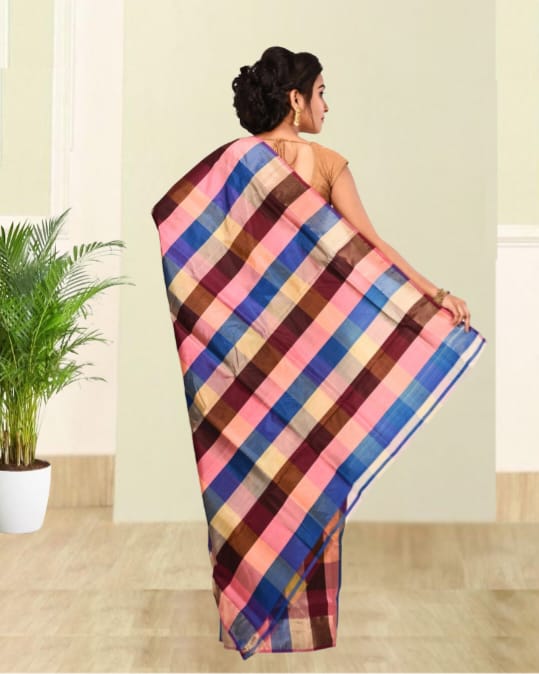 Hand Block Printed Multicolour Checks and Black Pleates Mulberry Silk Katan