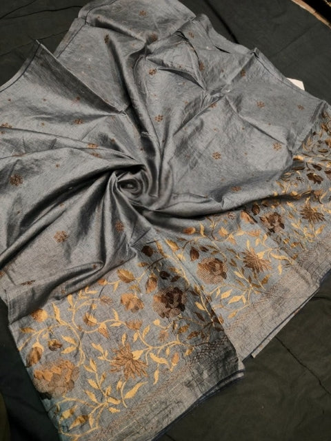 Black Katan Silk with Embroidery Work in the Border and Anchal, Small Embroidered motifs in the body