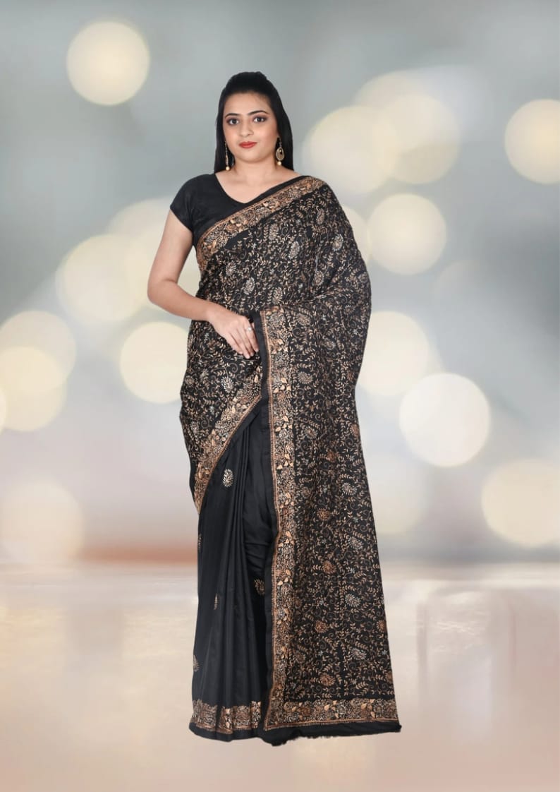 Hand Aari Kashmiri Work on Black Colour Mulberry Silk Katan