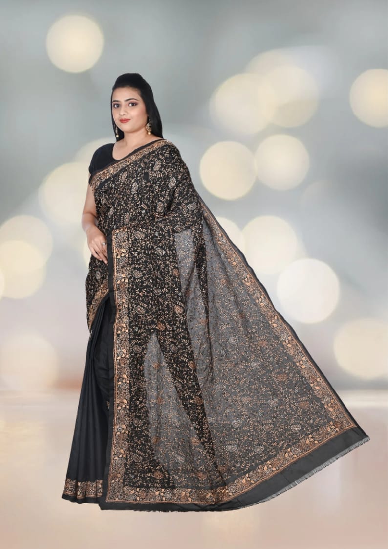 Hand Aari Kashmiri Work on Black Colour Mulberry Silk Katan
