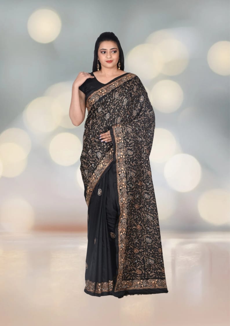 Hand Aari Kashmiri Work on Black Colour Mulberry Silk Katan