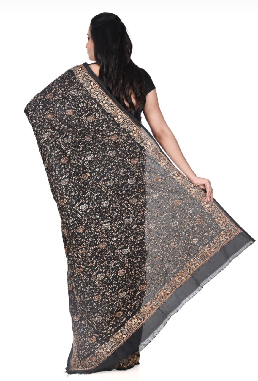 Hand Aari Kashmiri Work on Black Colour Mulberry Silk Katan
