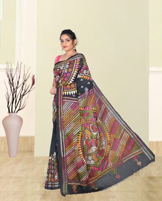 Hand Kantha Embroidery Work on Black Colour Mulberry Katan Silk with Multicolour Design