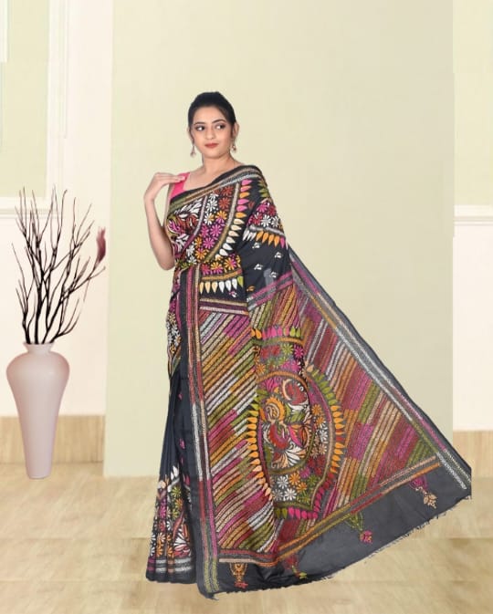 Hand Kantha Embroidery Work on Black Colour Mulberry Katan Silk with Multicolour Design