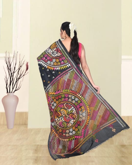 Hand Kantha Embroidery Work on Black Colour Mulberry Katan Silk with Multicolour Design