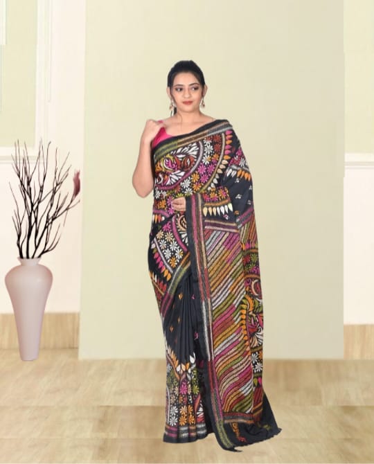 Hand Kantha Embroidery Work on Black Colour Mulberry Katan Silk with Multicolour Design