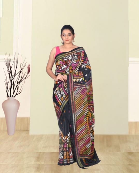 Hand Kantha Embroidery Work on Black Colour Mulberry Katan Silk with Multicolour Design