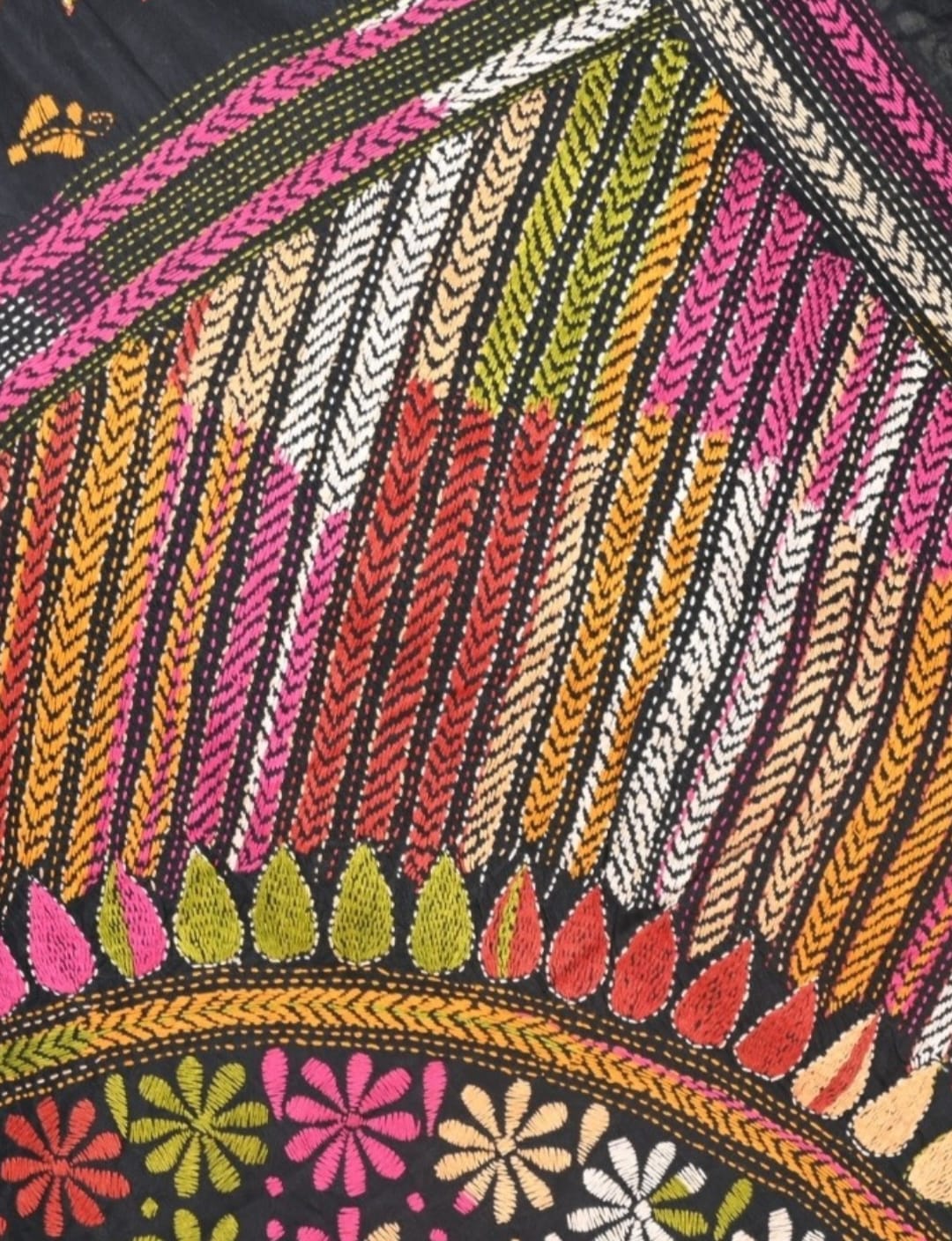 Hand Kantha Embroidery Work on Black Colour Mulberry Katan Silk with Multicolour Design