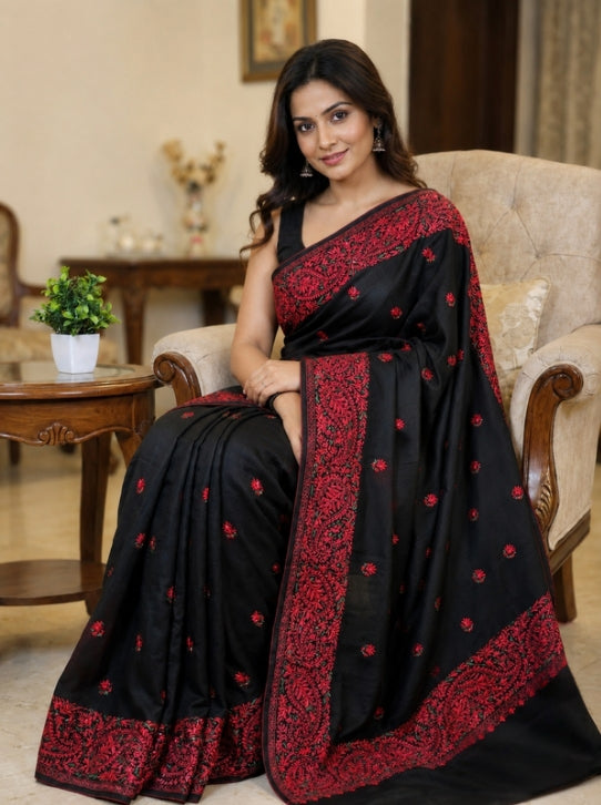 Black Tussar Silk Saree with Red Embroidery Work in the Border and Body