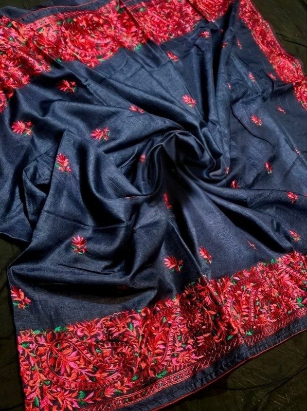 Black Tussar Silk Saree with Red Embroidery Work in the Border and Body