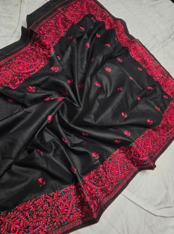 Black Tussar Silk Saree with Red Embroidery Work in the Border and Body