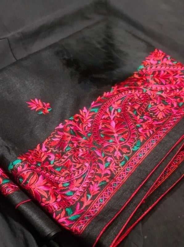 Black Tussar Silk Saree with Red Embroidery Work in the Border and Body