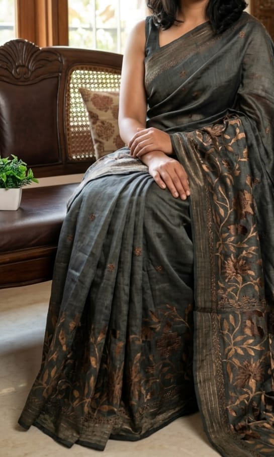 Black Katan Silk with Embroidery Work in the Border and Anchal, Small Embroidered motifs in the body