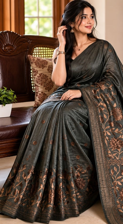 Black Katan Silk with Embroidery Work in the Border and Anchal, Small Embroidered motifs in the body