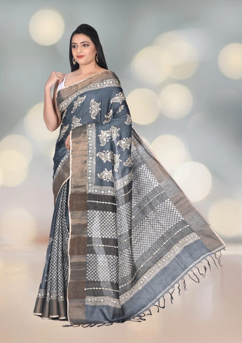 Hand Block Printed Black Colour Zari Border Ganchi Tussar Silk Saree with MIrror and Embroidery Work