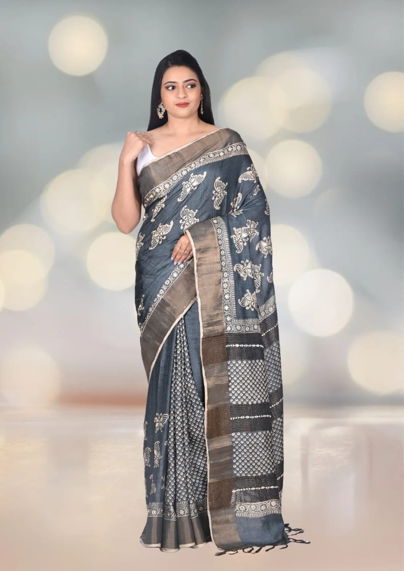 Hand Block Printed Black Colour Zari Border Ganchi Tussar Silk Saree with MIrror and Embroidery Work