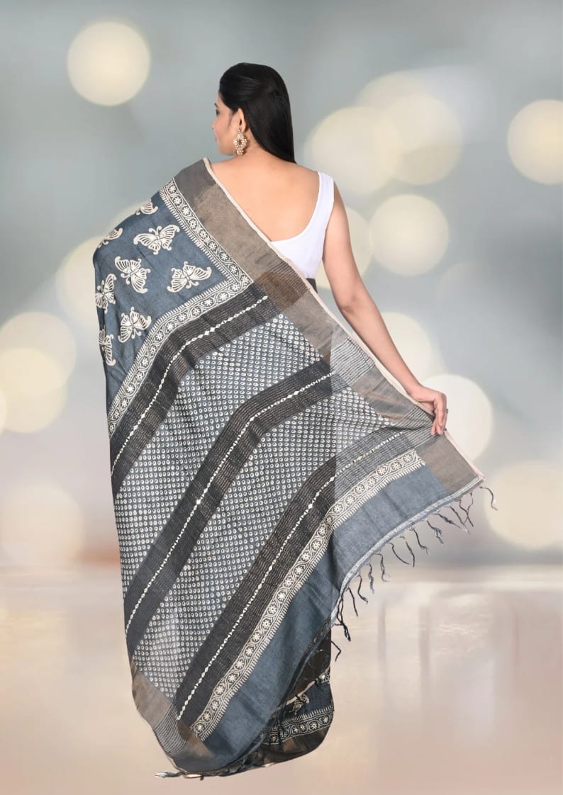 Hand Block Printed Black Colour Zari Border Ganchi Tussar Silk Saree with MIrror and Embroidery Work