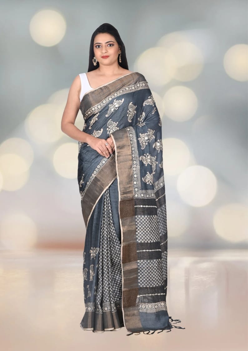 Hand Block Printed Black Colour Zari Border Ganchi Tussar Silk Saree with MIrror and Embroidery Work