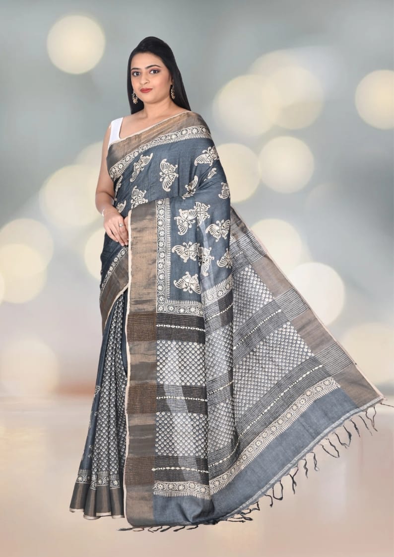 Hand Block Printed Black Colour Zari Border Ganchi Tussar Silk Saree with MIrror and Embroidery Work