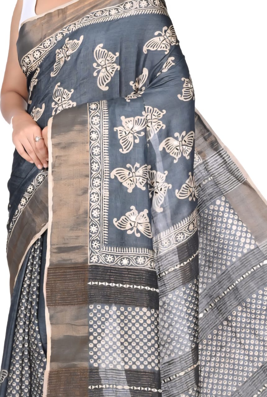 Hand Block Printed Black Colour Zari Border Ganchi Tussar Silk Saree with MIrror and Embroidery Work