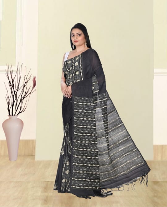 White Colour Hand Kantha Embroidery Work on Black Colour 3ply Bangalore Silk