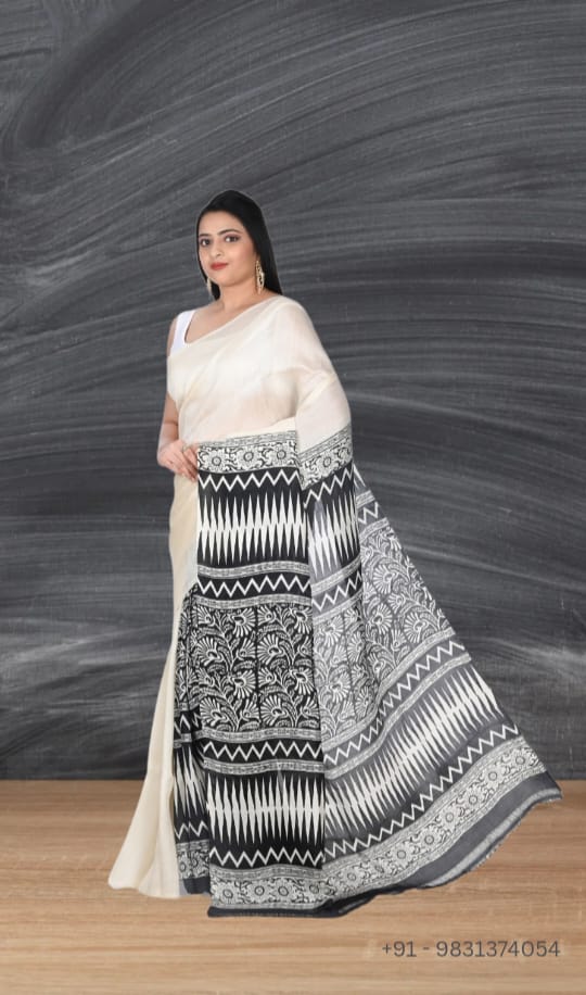 White and Black Hand Block Printed Mulberry Silk Katan