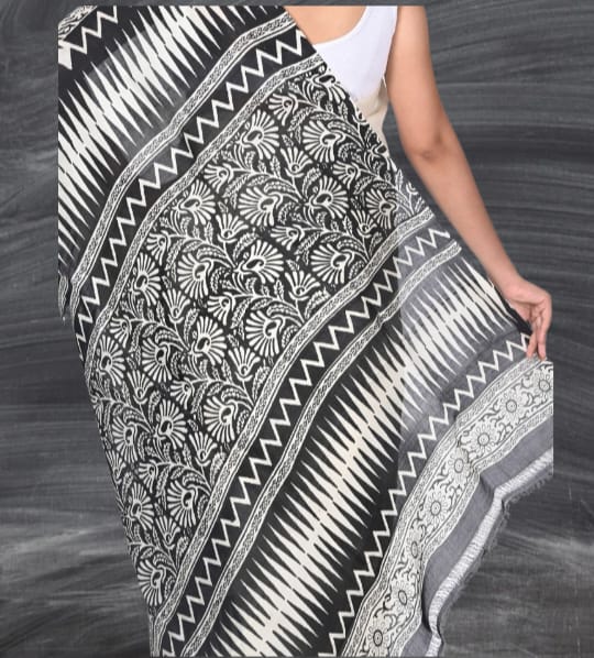 White and Black Hand Block Printed Mulberry Silk Katan