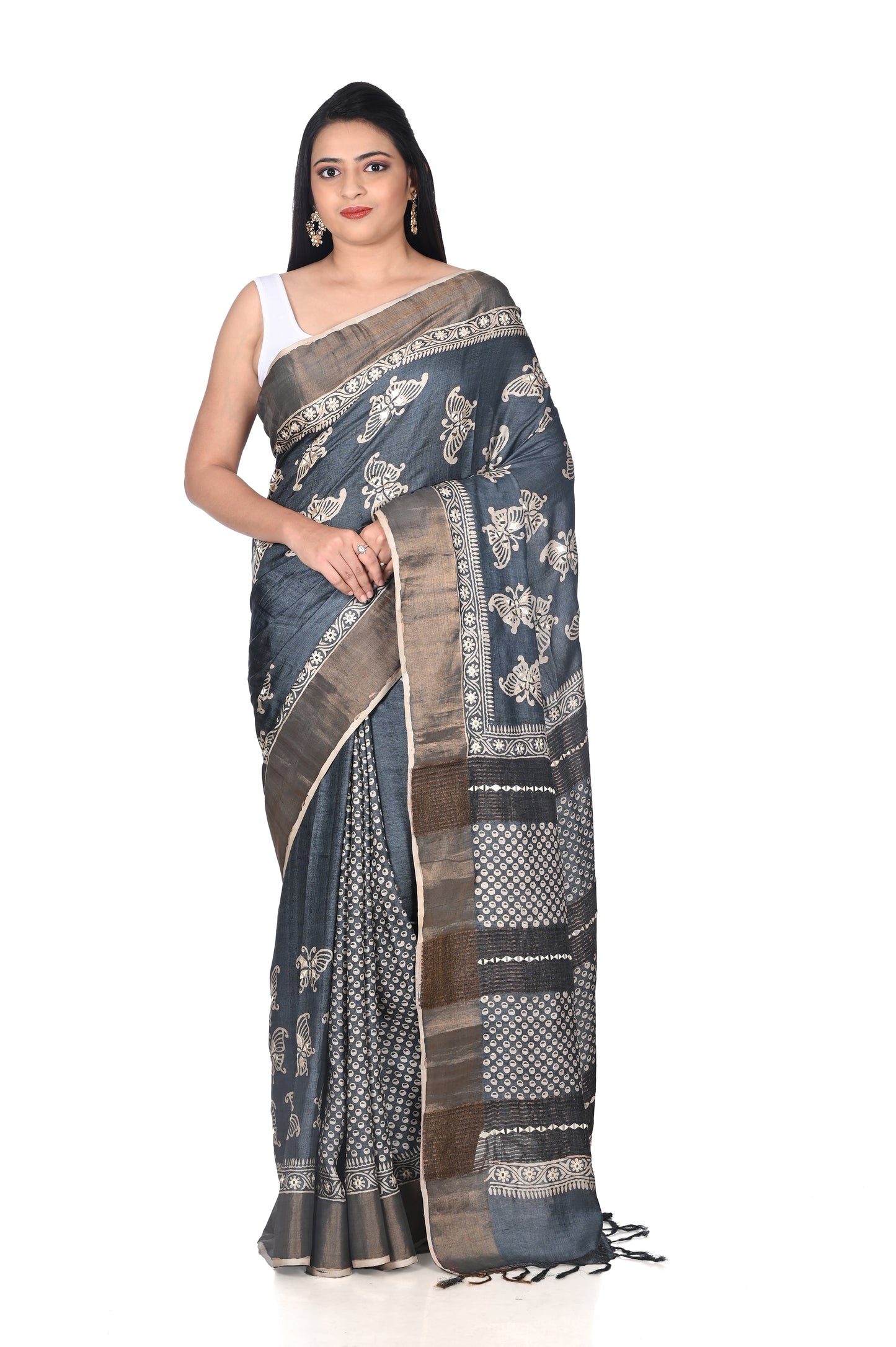 Hand Block Printed Black Colour Zari Border Ganchi Tussar Silk Saree with MIrror and Embroidery Work