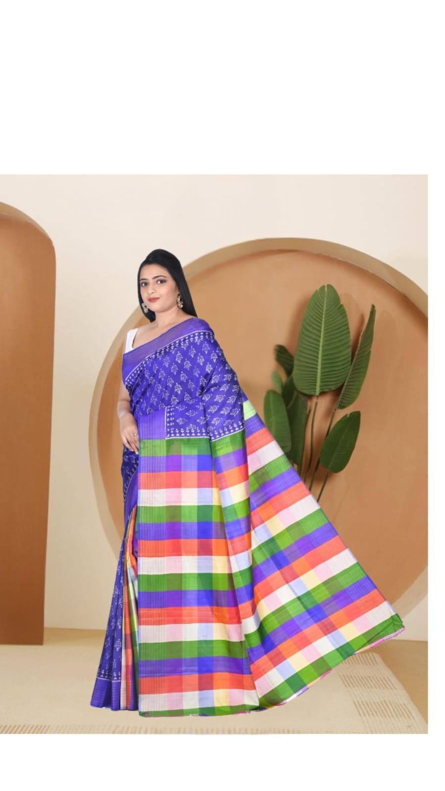 Blue Colour Hand Block Printed Mulberry Katan Silk with Checks Design in Pleates and Anchal