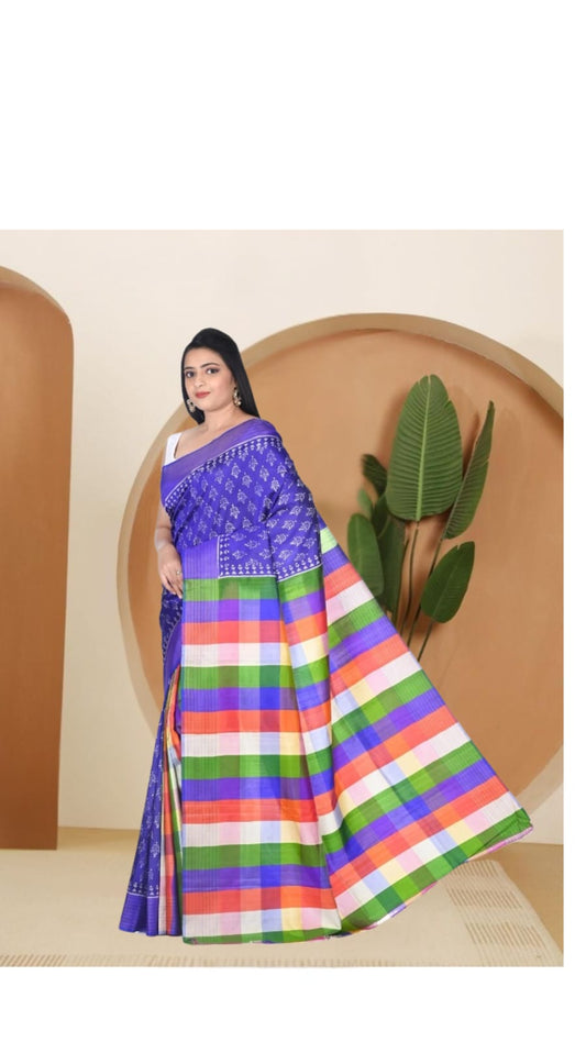 Blue Colour Hand Block Printed Mulberry Katan Silk with Checks Design in Pleates and Anchal