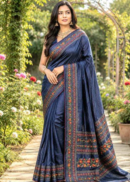 Blue Colour Tussar Silk Saree with Colourful Embroidery Work