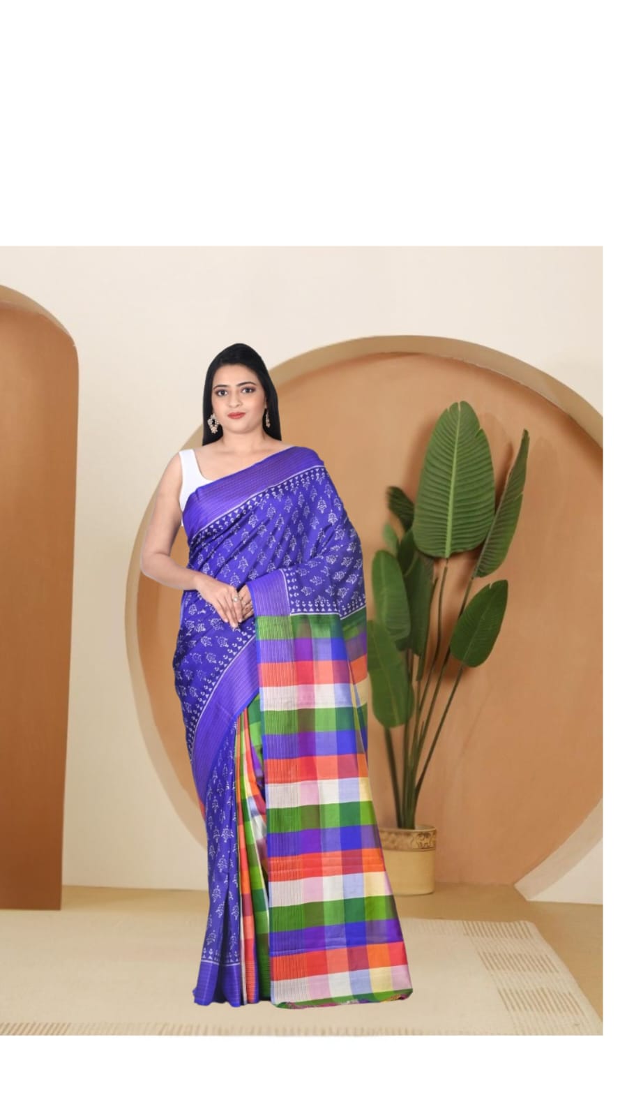 Blue Colour Hand Block Printed Mulberry Katan Silk with Checks Design in Pleates and Anchal