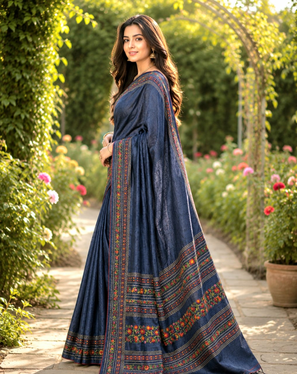Blue Colour Tussar Silk Saree with Colourful Embroidery Work