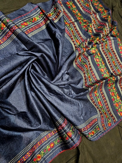 Blue Colour Tussar Silk Saree with Colourful Embroidery Work