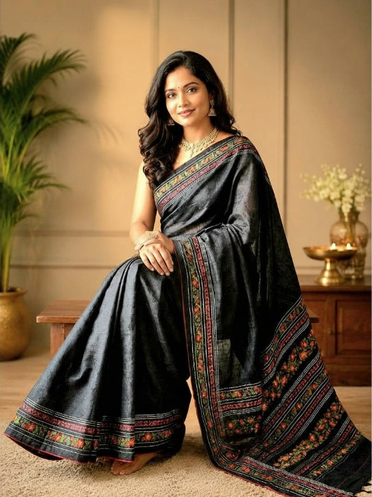 Blue Colour Tussar Silk Saree with Colourful Embroidery Work