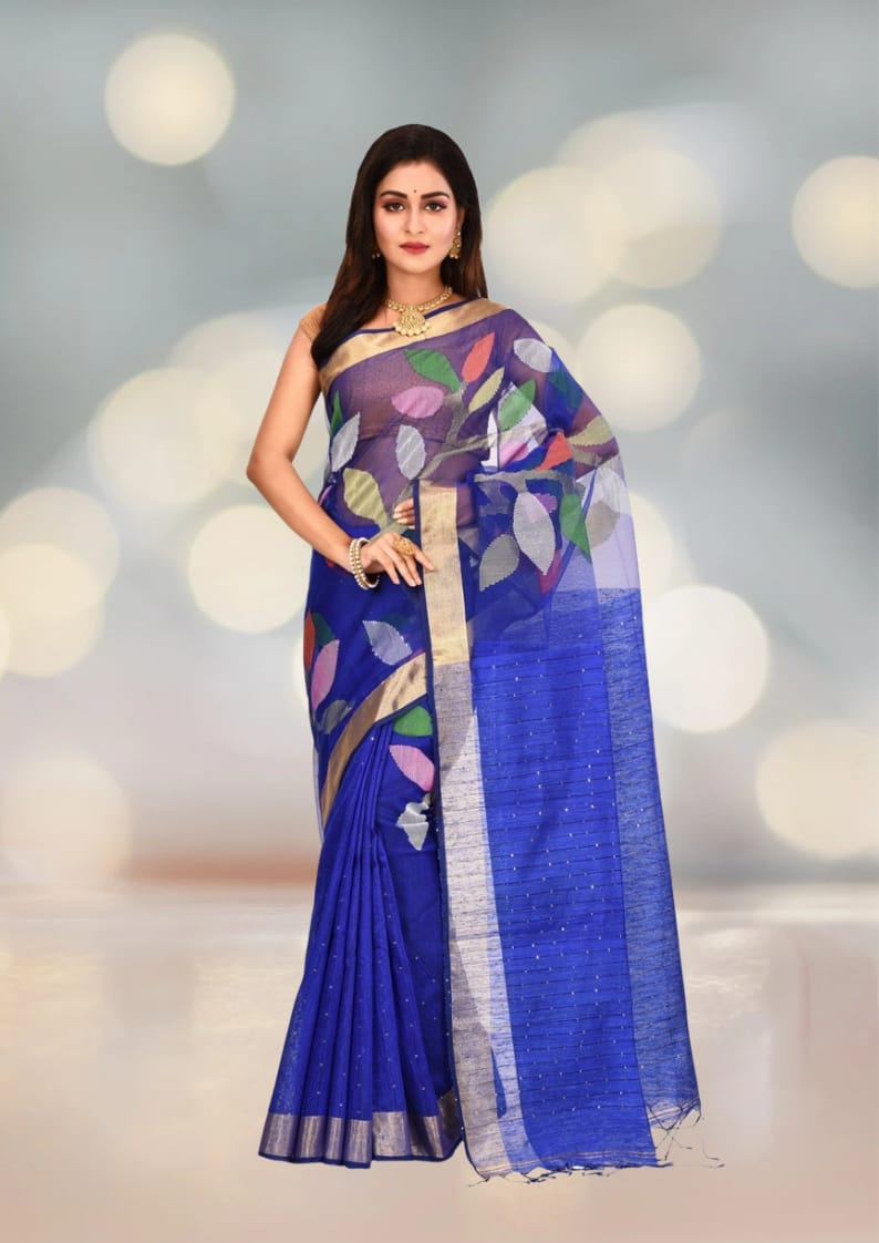 Royal Blue Colour Matka Maslin Silk with Sequin Work in the Body and Anchal