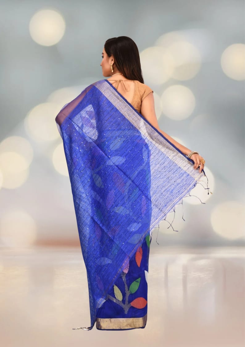 Royal Blue Colour Matka Maslin Silk with Sequin Work in the Body and Anchal