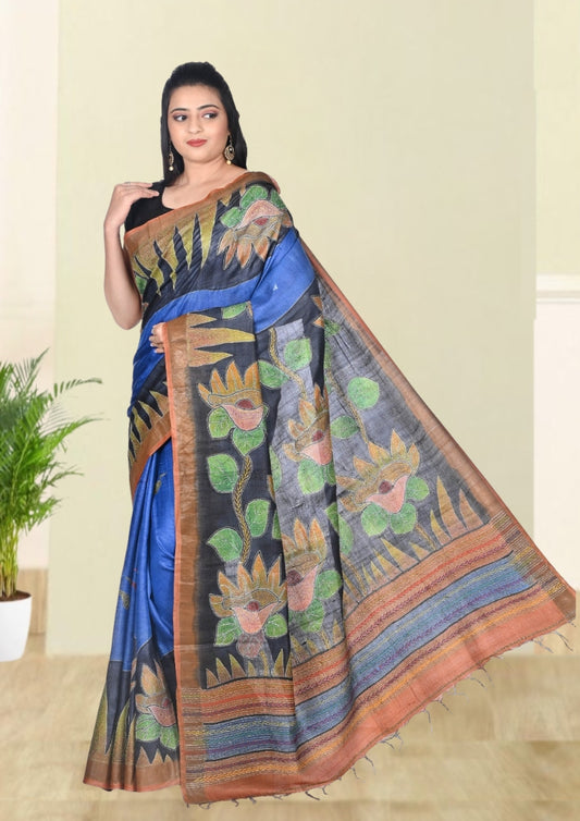 Hand Kantha Embroidery Work on Blue Colour Hand Brush Painted Tussar Silk Saree
