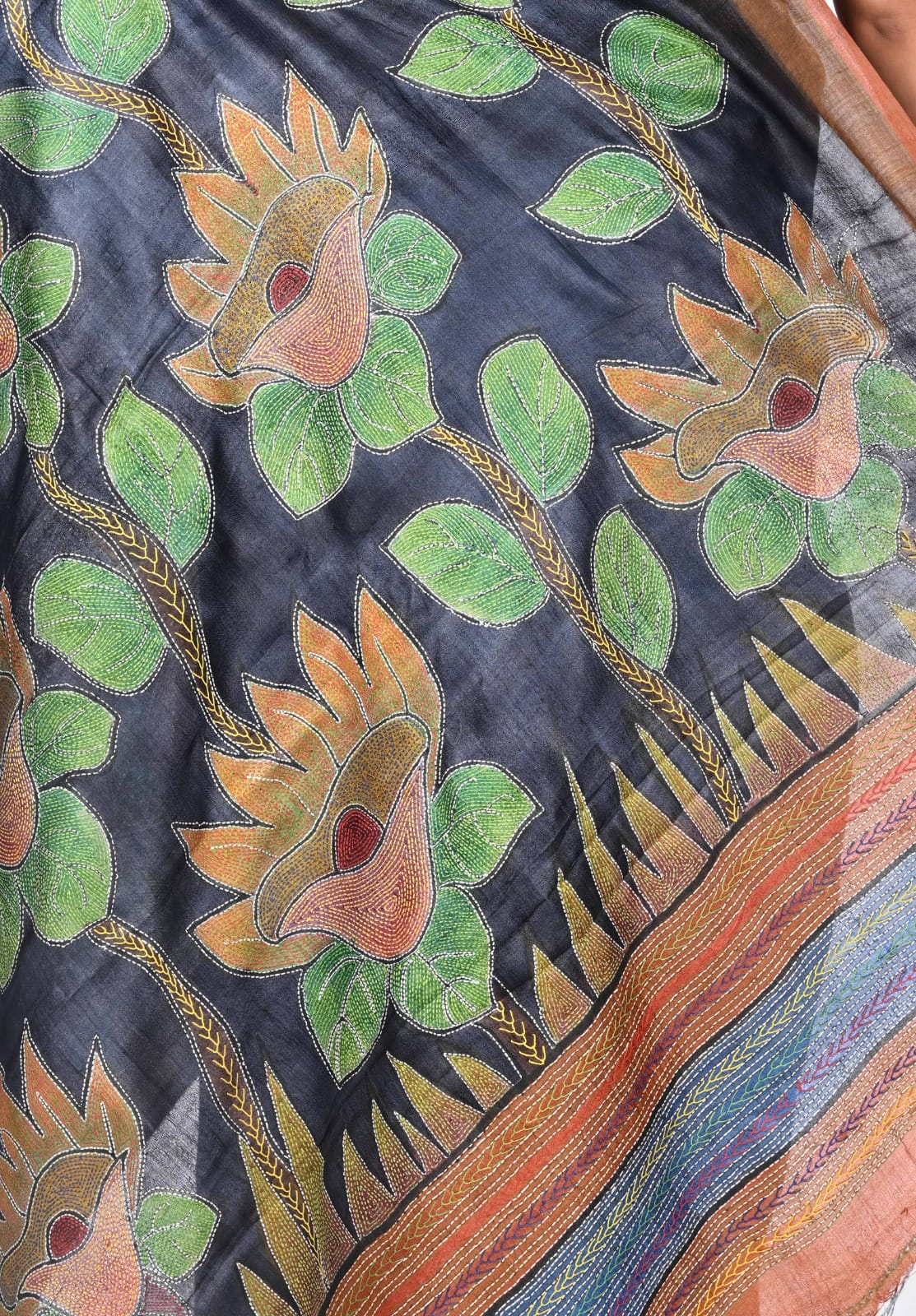 Hand Kantha Embroidery Work on Blue Colour Hand Brush Painted Tussar Silk Saree