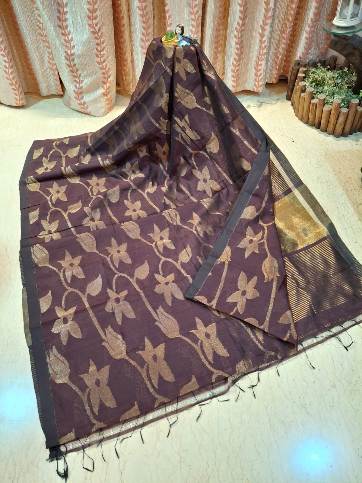Dark Brown Colour Cotton Silk Banarasi with Weaved Copper Zari Work