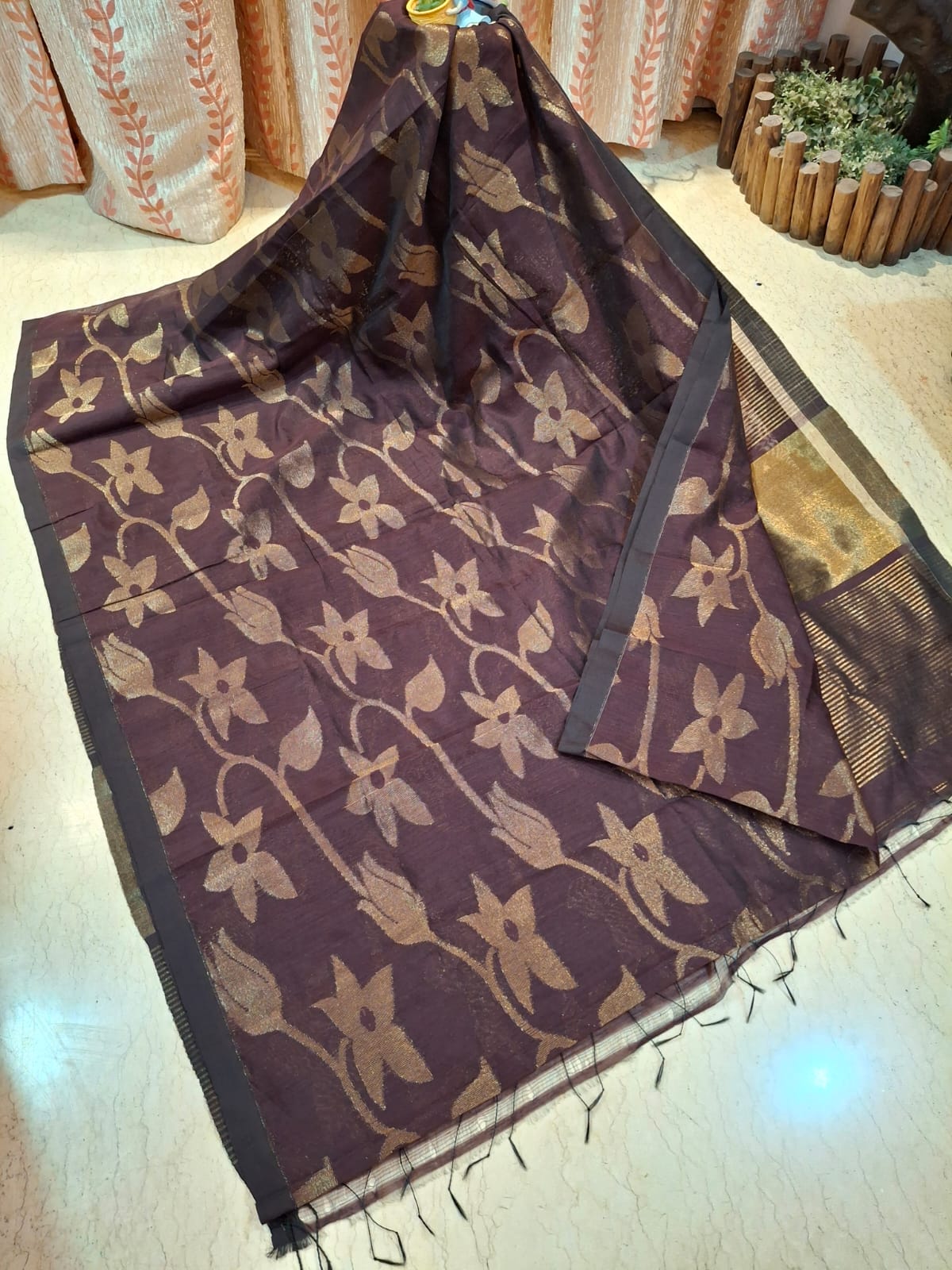 Dark Brown Colour Cotton Silk Banarasi with Weaved Copper Zari Work