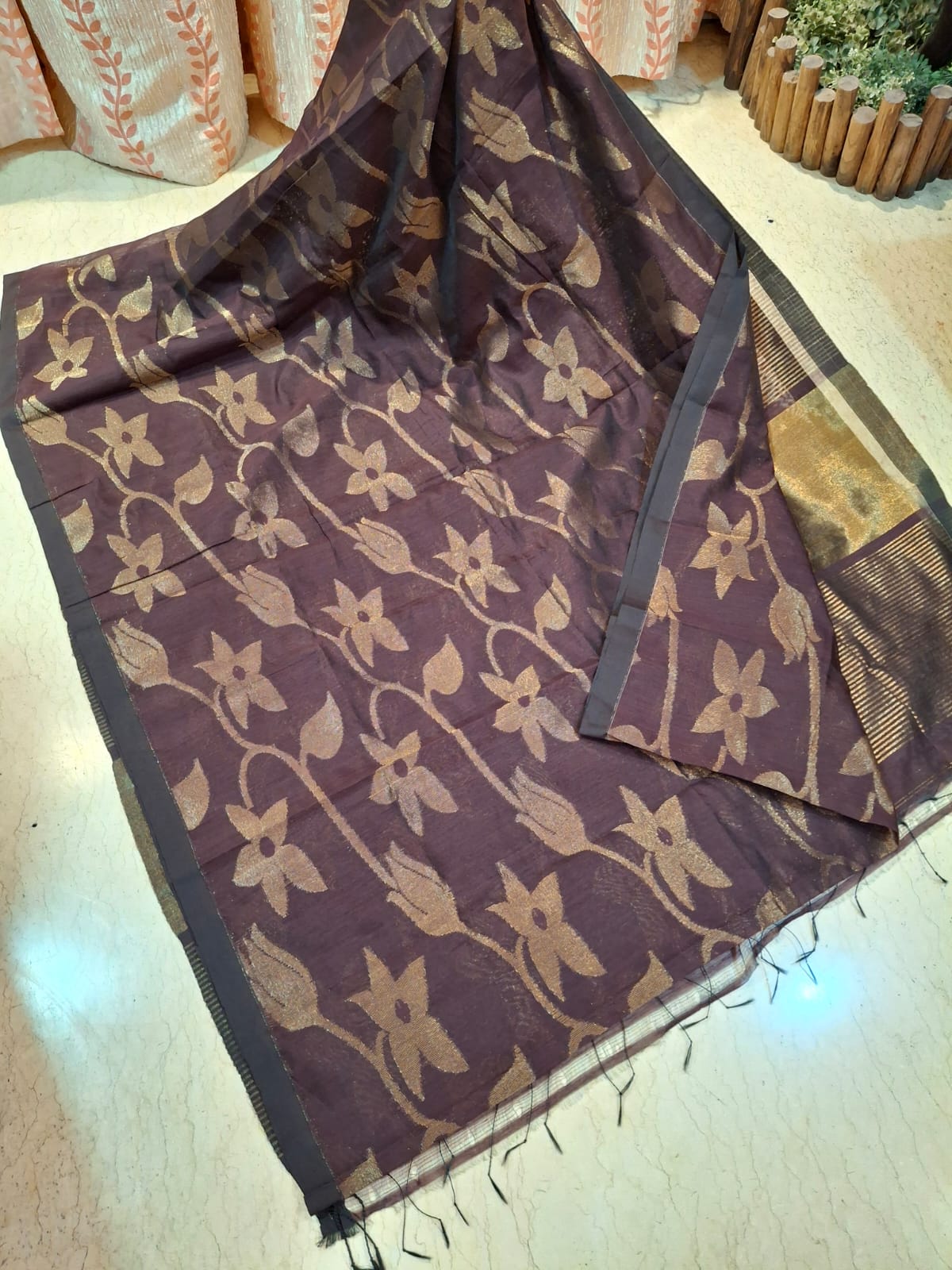 Dark Brown Colour Cotton Silk Banarasi with Weaved Copper Zari Work