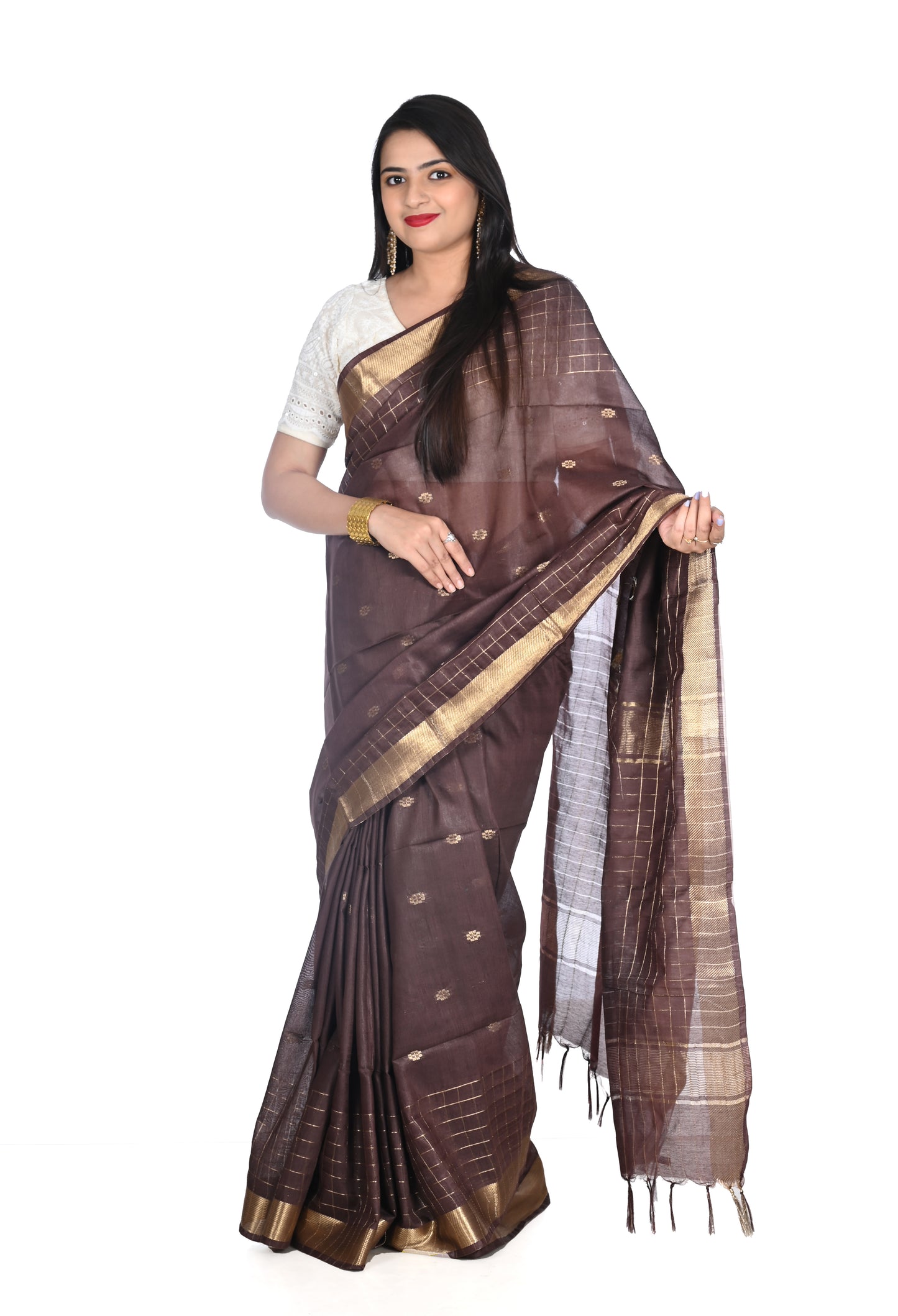 Dark Brown Katan Silk with Zari Weaved Design in the body